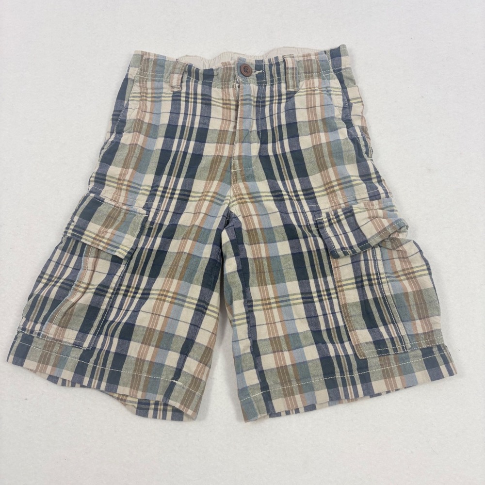 Gap Cargo Shorts Boys Size‎ 8 Blue Tan Plaid Cotton Y2K Baggy Long Skater Preppy